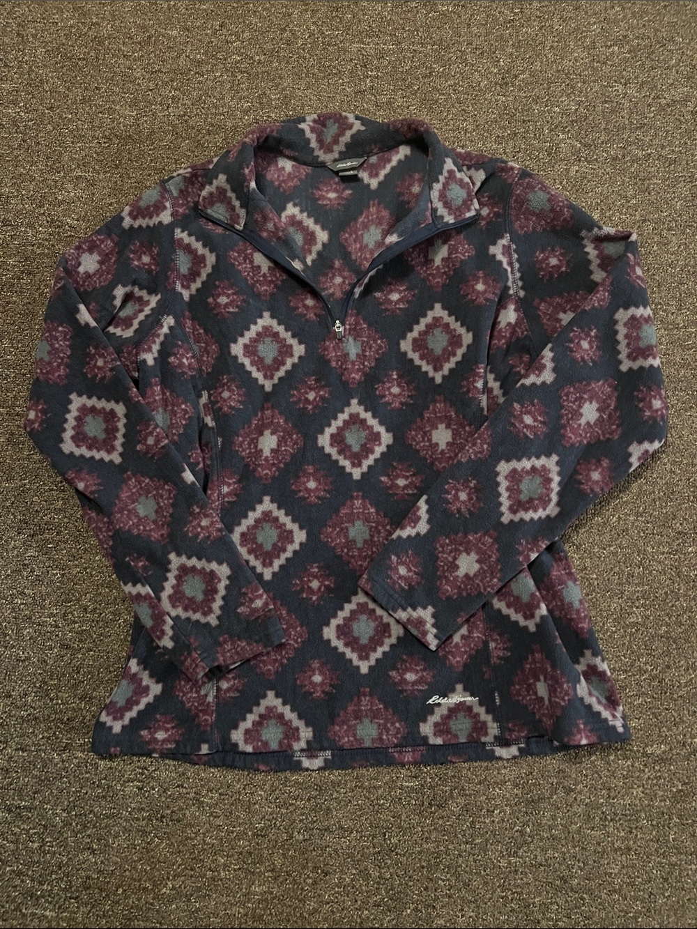 Eddie Bauer Navy Half-Zip Pullover with Burgundy Geometric Print